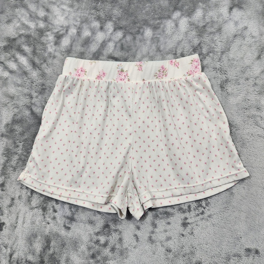 SUGARBOO Shorts Womens M White Pink‎ Floral Pull On Ribbed Knit Shortie Pockets